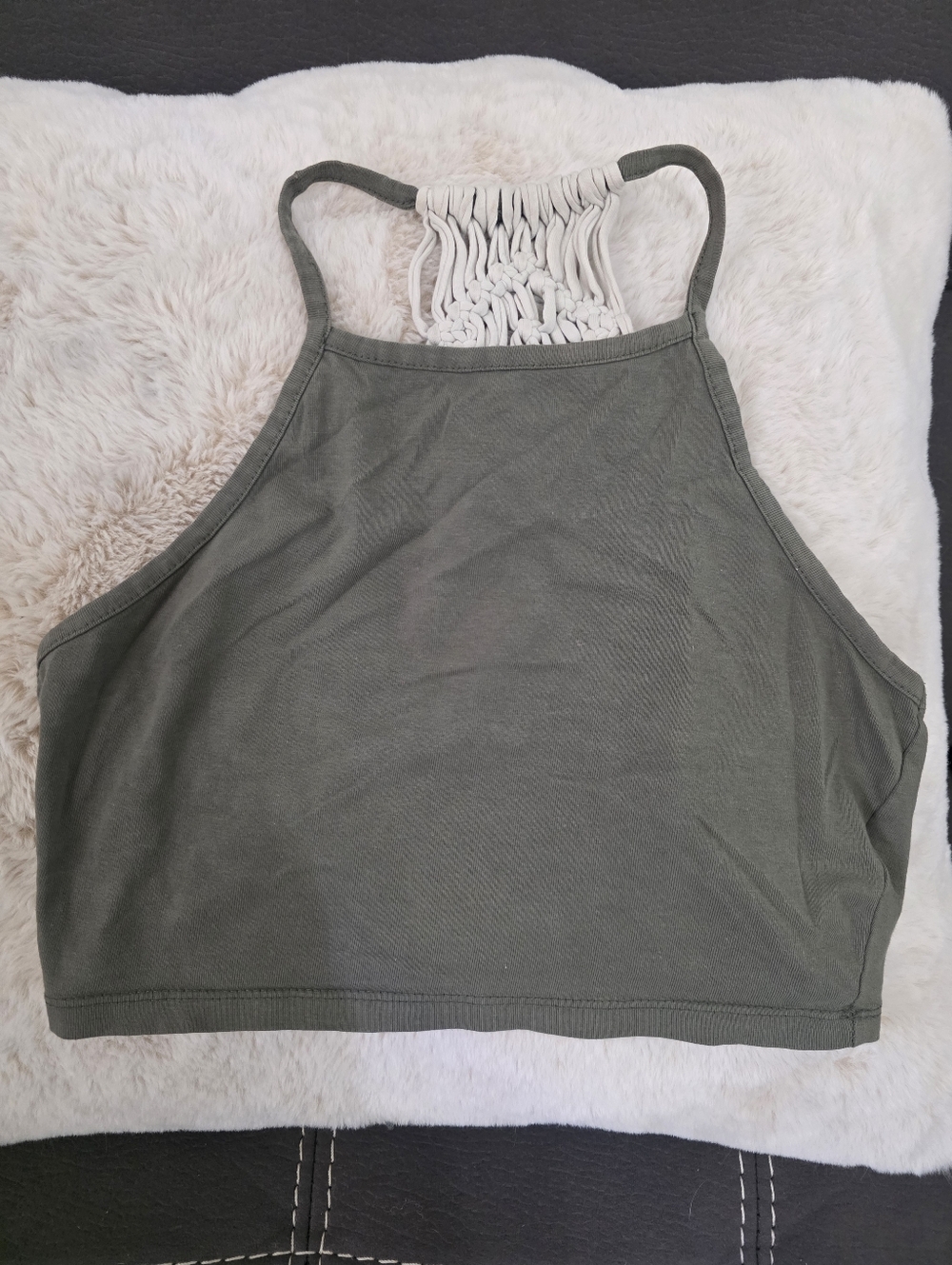 Olive Green Cropped Halter Tank with Macramé Back